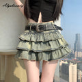 New Summer Women Hotsweet Mini Denim Skirt High Waist Vintage Layered Ruffles Short Skirt Tierred Ball Gown Cute Skirt With Belt