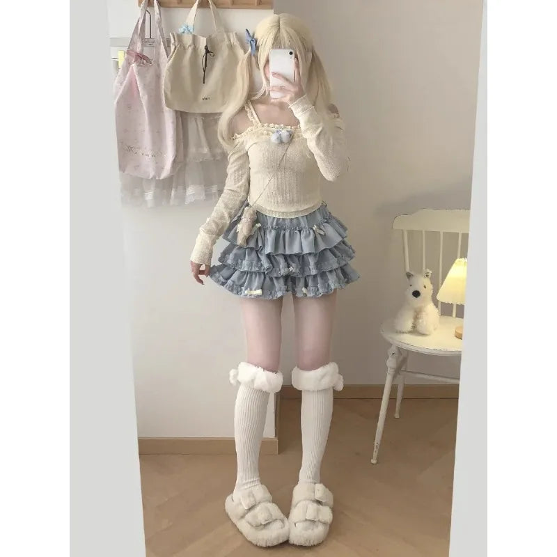 Y2K Sweet Ruffles Mini Skirt Women Kawaii Lolita Bow A Line Skirts Harajuku Japanese Cute High Waist Pink Blue Cake Skirt