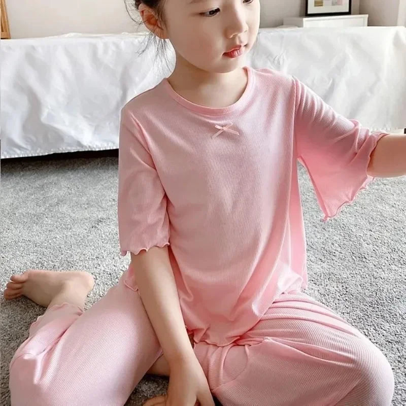 Sonkpuel Girls' 2-Piece Ice Silk Pajama Set - Short Sleeve Casual