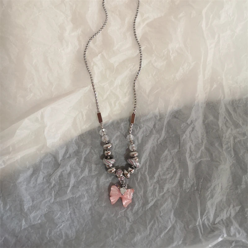 Star Cross Bowknot Pendant Necklace For Women'S Egirls Y2K Cool Neck Jewelry Clavicle Chain Original Korean Fashion