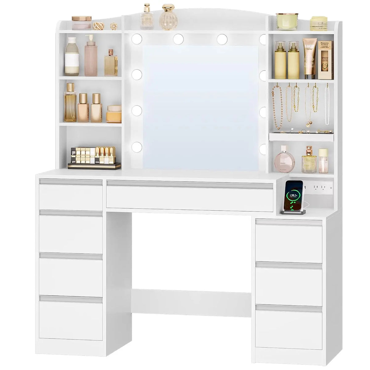 47.2in White Vanity Desk with LED Mirror Power Strip 8 Drawers 8 Shelves Bedroom