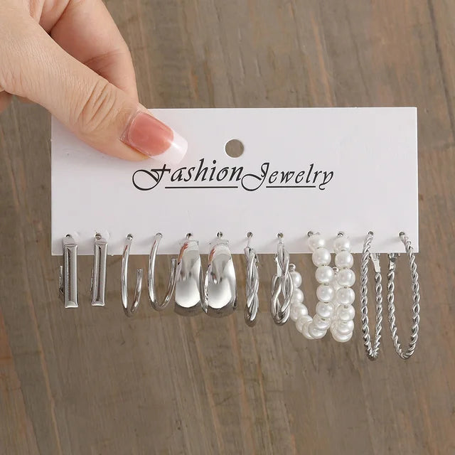 Silver Color Pearl Twist Hoop Earrings Set For Women'S Jewelry Pendientes Vintage Circle Geometric Dangle Earrings Trendy Gifts
