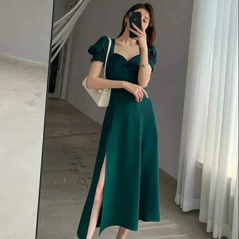 Women'S Summer V-Neck Puff Short-Sleeved Dress Elegant Female Side Slit Long A-Line Dresses Solid Sexy Slim Evening Vestidos