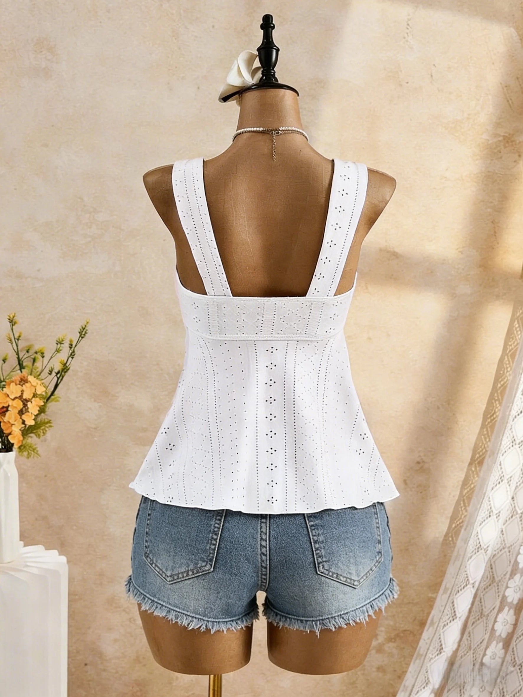 Women White Eyelet Lace Cami Top Casual Ruched Tie Front Peplum Sleeveless Camisole