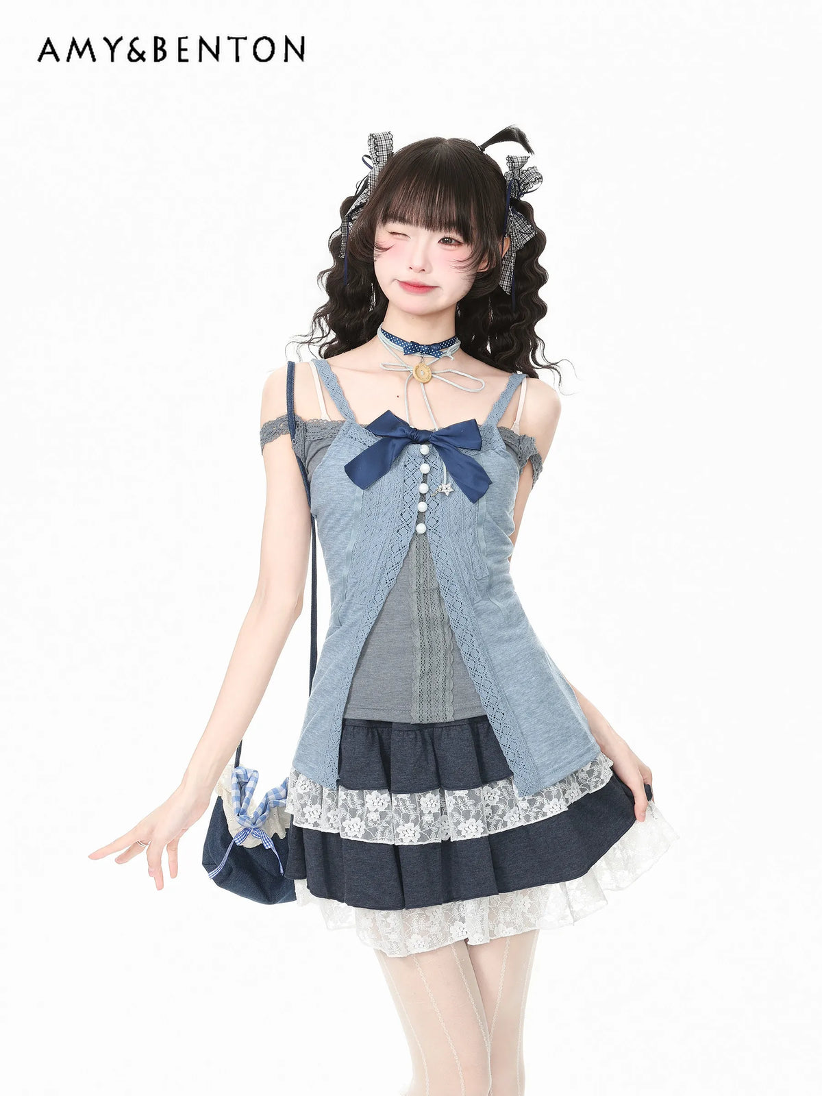 Sweet Bow Suspender Cardigan with Gray Off Shoulder Camisole Vest and Lace Layered Ruffle Mini Skirt Womens 3pcs Summer Suit