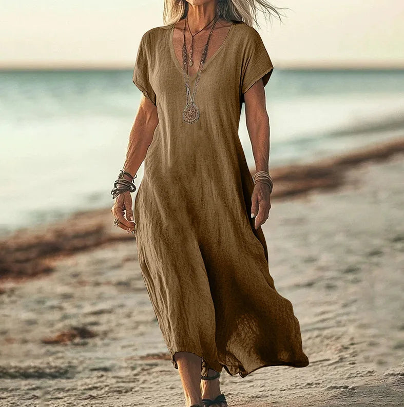 Independent Station Loose Solid Color V-neck Cotton and Linen Women's Dress