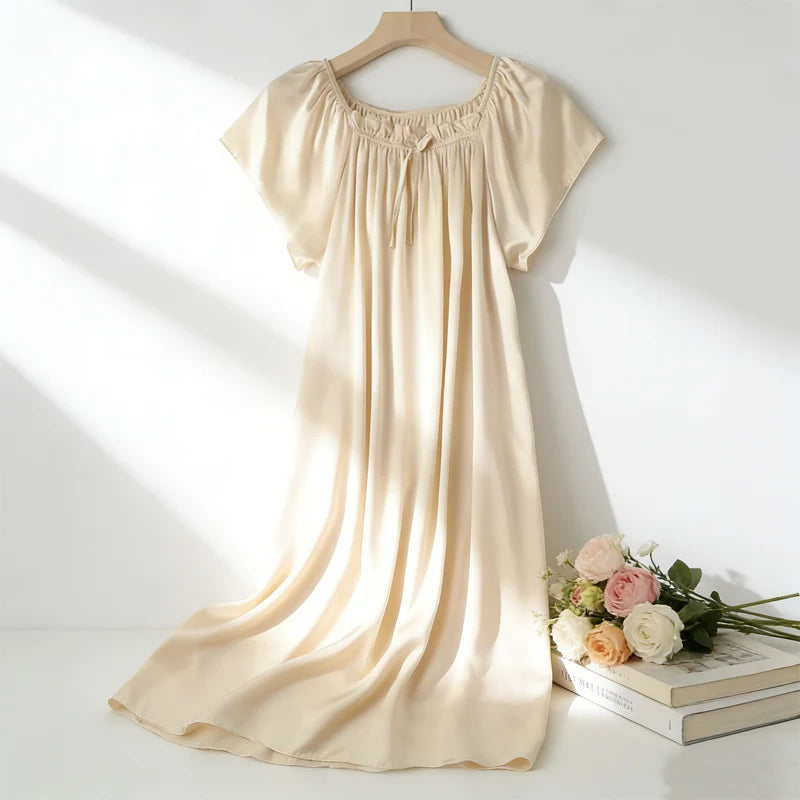 Women's Summer Casual Clothing 100% Natural Mulberry Silk Plain Satin Loose Short Sleeved Solid Color Princess Nightdress