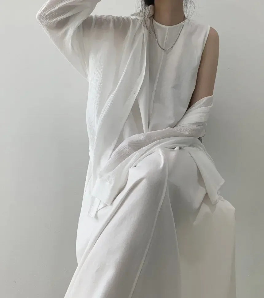 Korean Fashion Women Dress Casual Round Neck Loose Solid Color Casual Big Swing Sleeveless Long Linen Lazy Style Vestidos