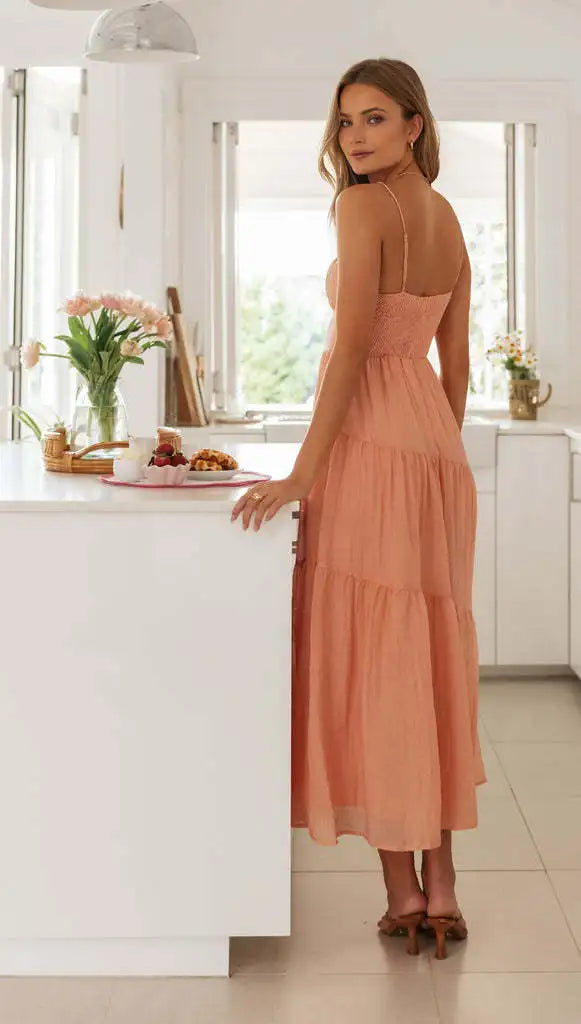 Women Spaghetti Strap Front Tie Tiered Flowy Backless Maxi Dress