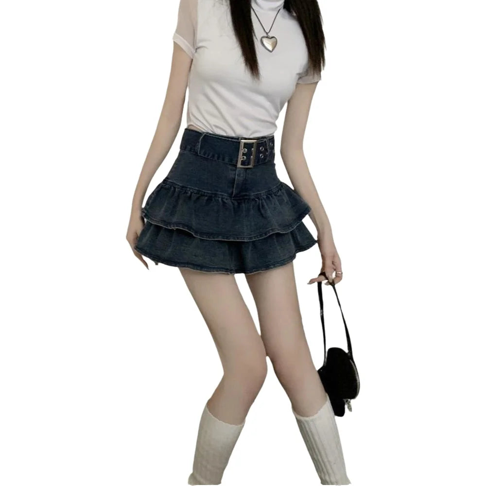 High Waist Short Denim Skirt Women's Summer Dopaamine Design Slimming A-Line Skirt with Lace Trim Super Short Casual Skirt