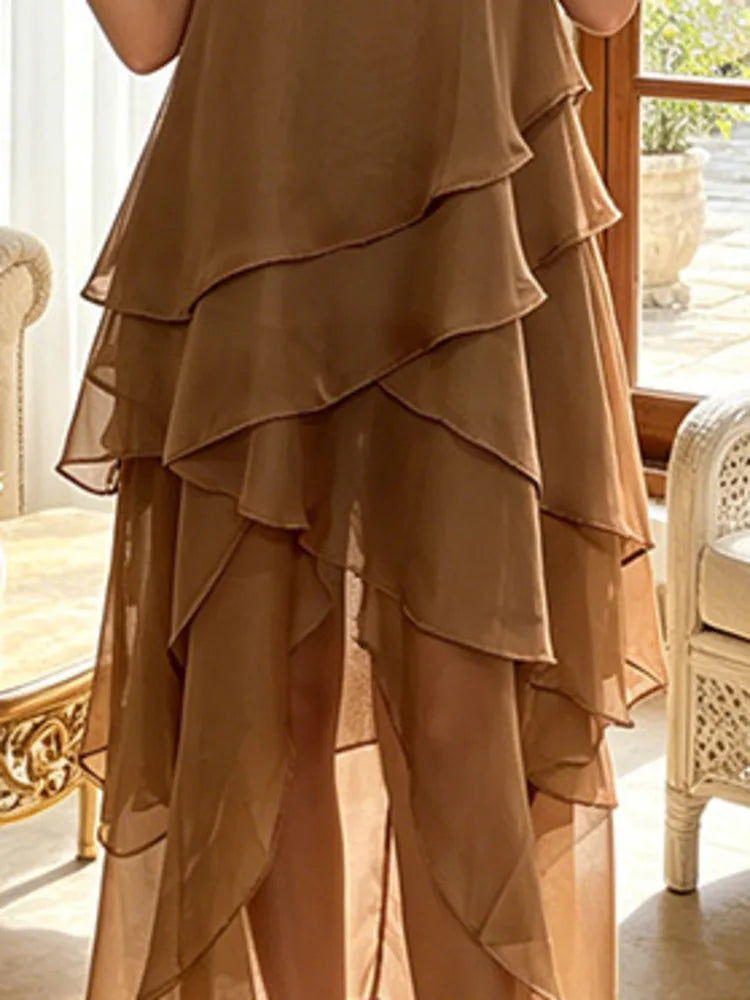DEAT Women Spaghetti Strap Tiered Ruffle Maxi Dress Asymmetrical Hem Loose Fit Lightweight Chiffon Casual Breathable 2026 New
