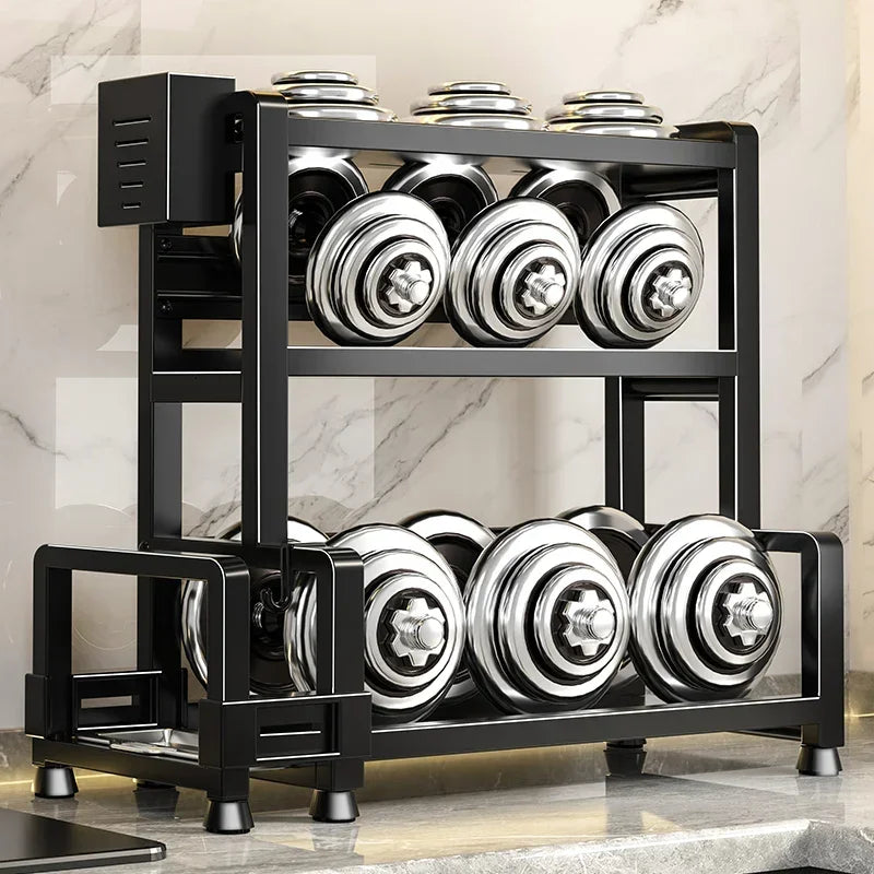 Estante metálico para especias de 2-3 niveles ajustable, organizador de almacenamiento de cocina multifuncional de pie con dispositivo de fijación, soporte para cuchillos