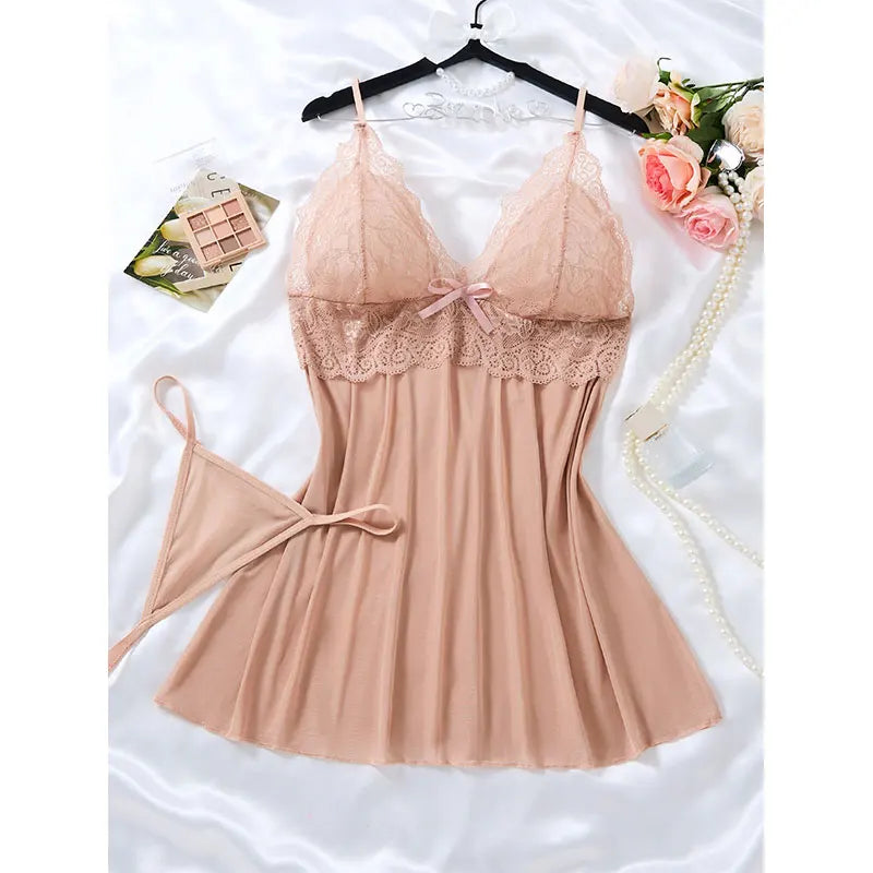 Sleeveless Short Night Dress Summer Sets Lace Tulle Pajamas Hot Women's Sexy Nightgown With Thong Suit Suspender Backless Robe