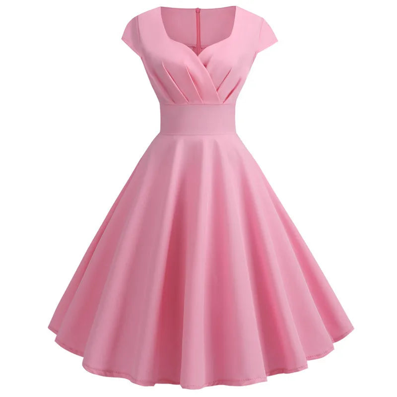 Women's Vintage V-Neck Pink Midi Dress
