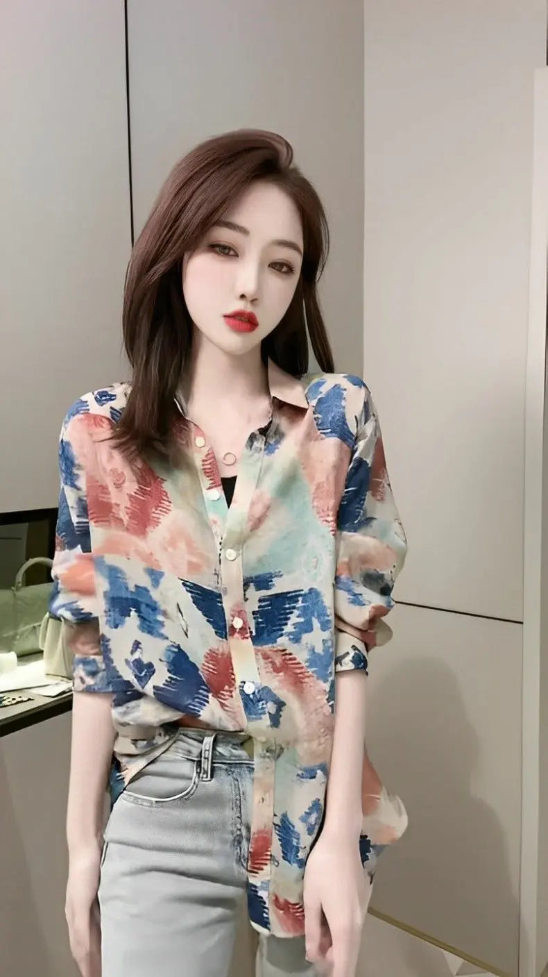 Spring 2026 Floral Print Loose Long Sleeve Women's Shirt Fashionable Versatile Korean Style Commute Polonaise Polyester Fiber