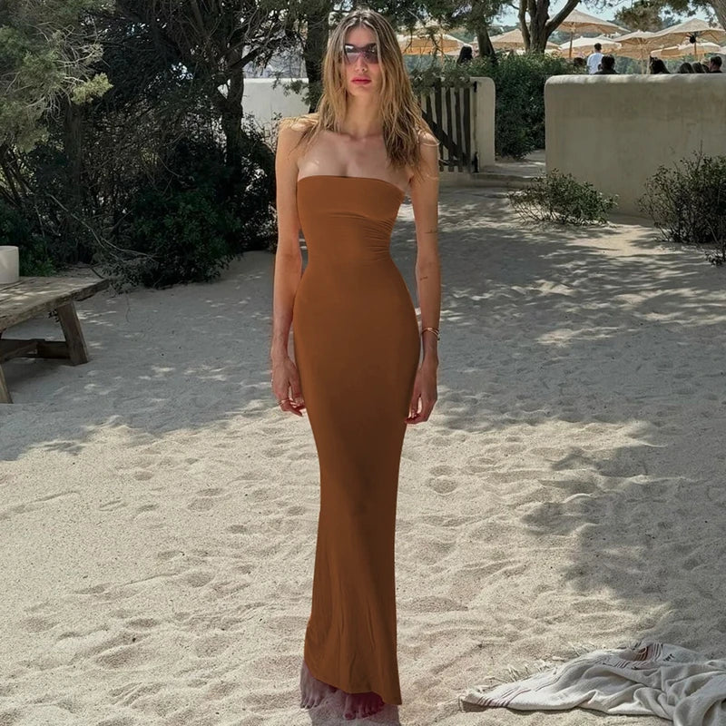 Summer Women Y2K Clothes Beach Vacation Party Elegant Women Solid Strapless Backless Bandage Sexy Bodycon Maxi Dress