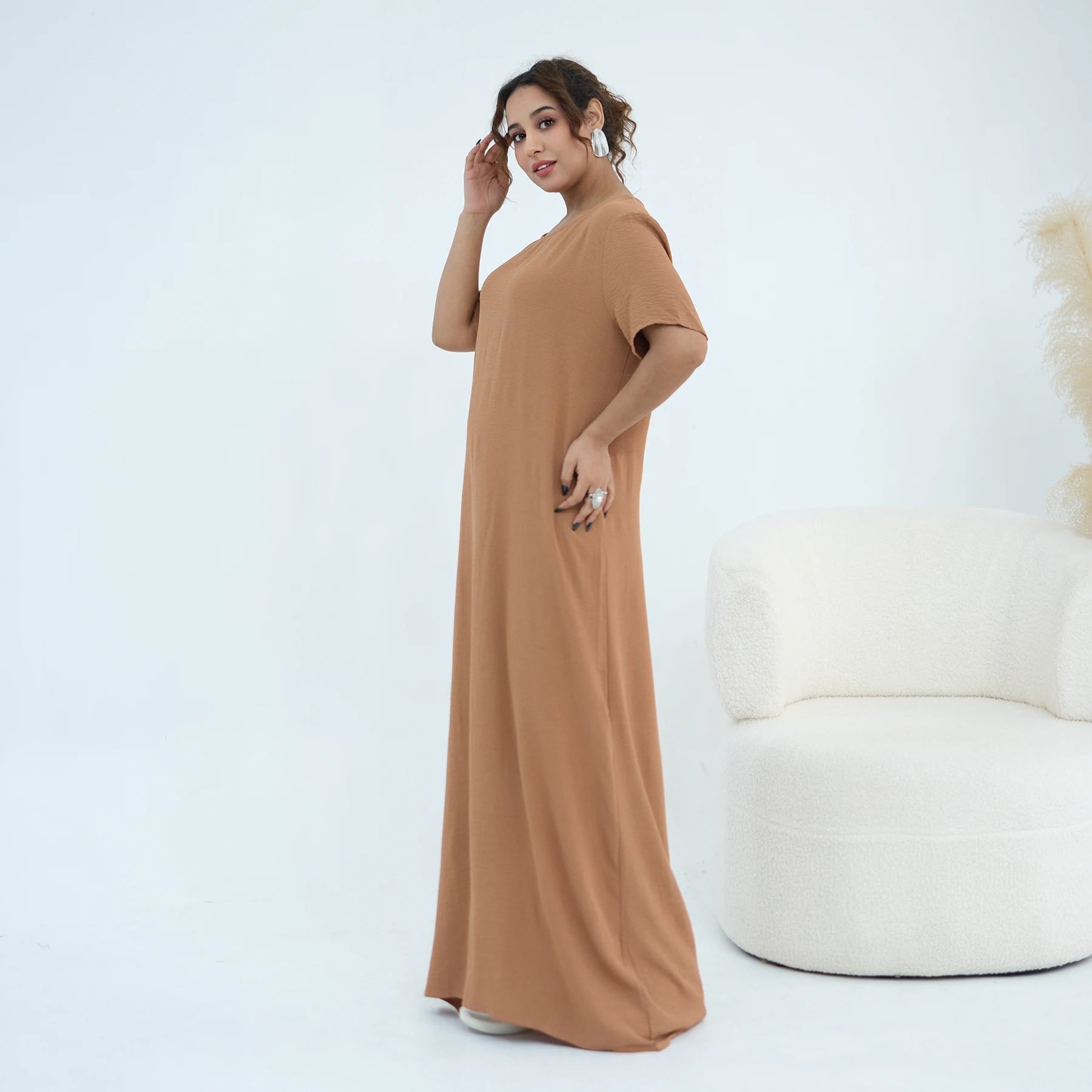 Modest Short Sleeve Women Inner Dress Basic Abaya Muslim Eid Ramadan Round Neck Maxi Loose Casual Long Versatile Fashion Kimono