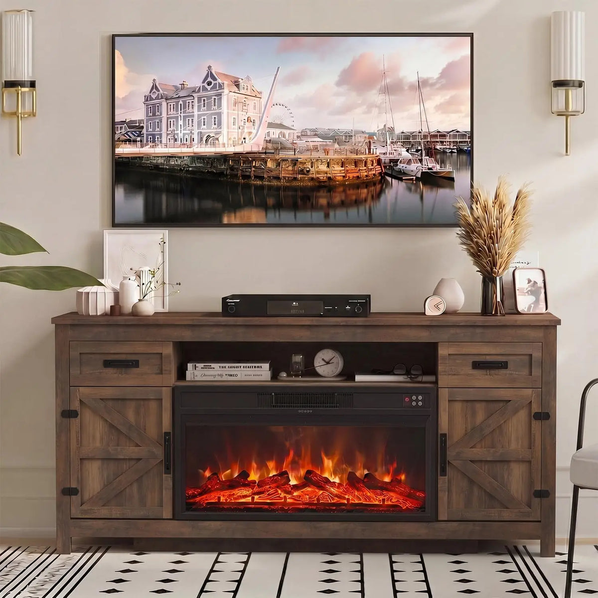 70" Farmhouse Electric Fireplace TV Stand with Barn Doors for 80" TVs