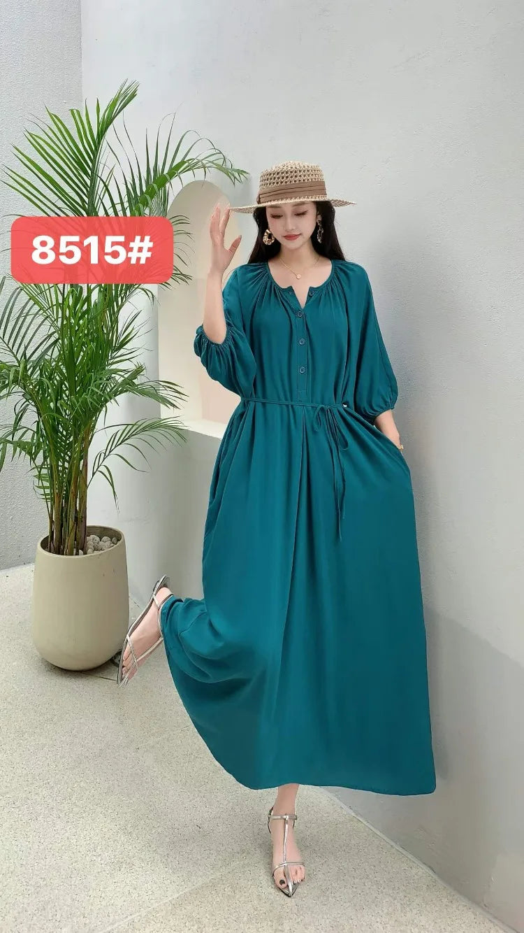 THHONE Summer Plus Size Dress Robe Solid Long Casual Loose Vintage Vestidos Para Mujer Oversized Dresses Half Sleeve Belt Pocket
