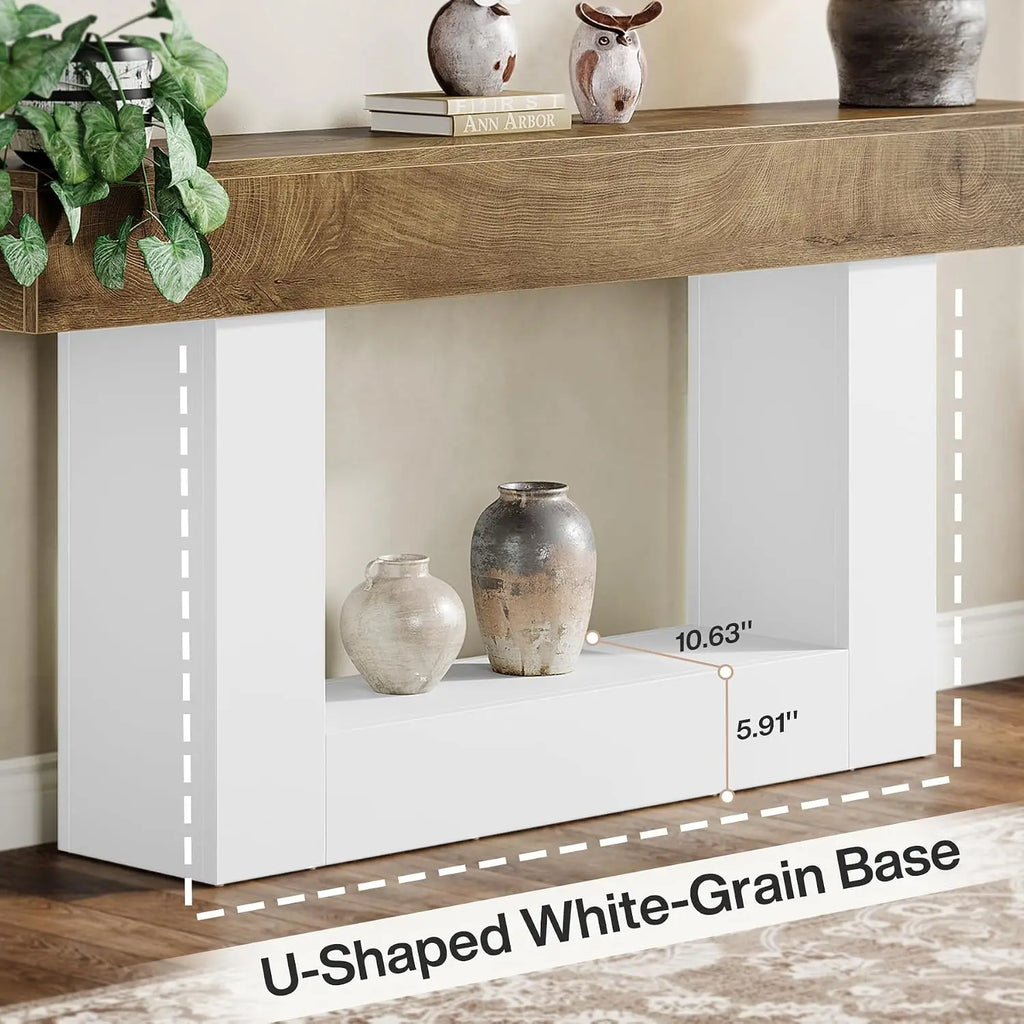 63" Farmhouse 2-Tier Console Table with U-Shaped Base, Narrow Long Wood Sofa Table for Entryway Living Room Hallway, Brown & Whi