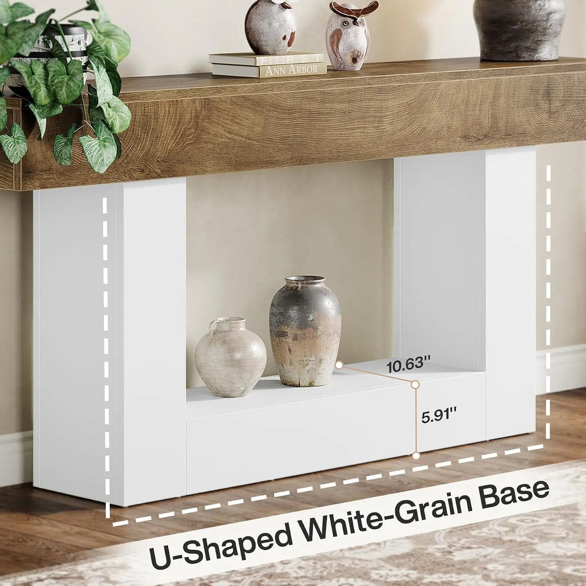 63" Farmhouse 2-Tier Console Table with U-Shaped Base, Narrow Long Wood Sofa Table for Entryway Living Room Hallway, Brown & Whi