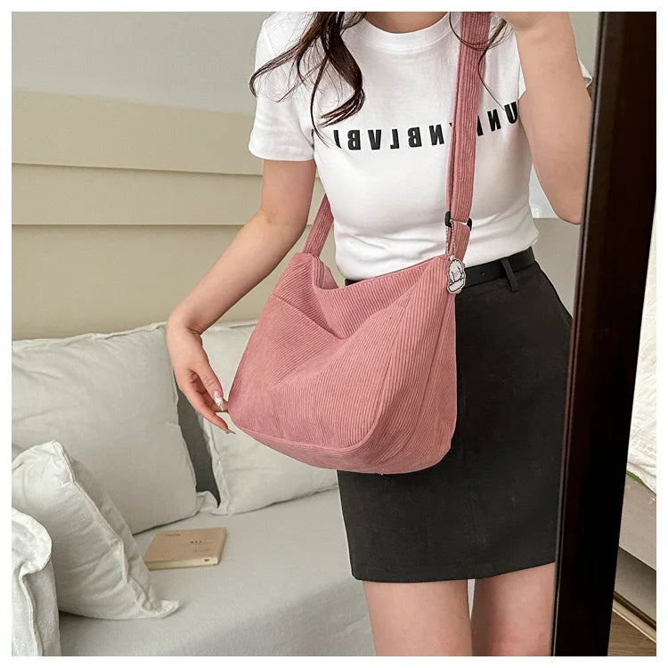 Women’s Corduroy Shoulder Bag, Casual Striped Large Capacity Tote with Zipper Closure, Cute Hat Patch, Perfect for Everyday Use