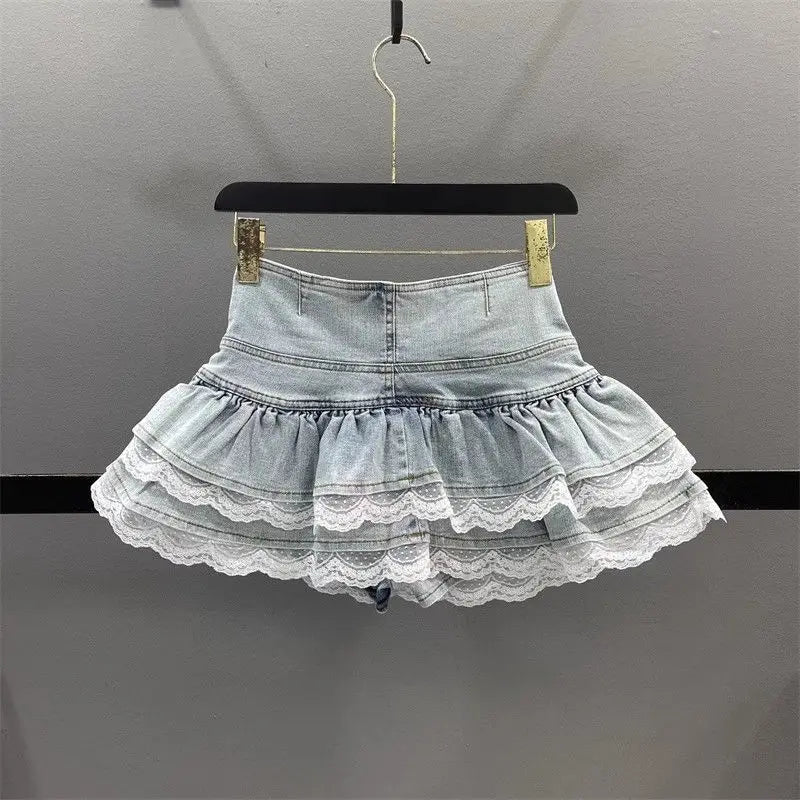 Vintage Denim Pleated Skirt Woman LaceDesign A-line Y2k Mini Skirt Streetwear  American Spicy Girl Korea Fashion Hotsweet