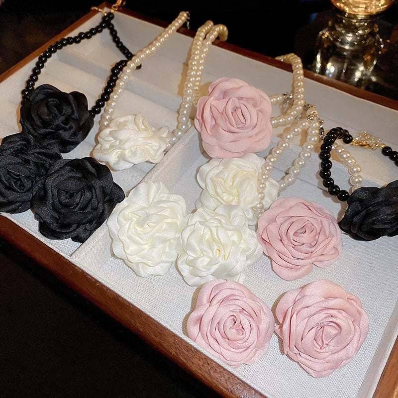 4 Pcs Jewelry Sets For Women'S Fabric Flowers Necklace Bracelet Earrings French Fashion Retro Style Girl Accessories Set