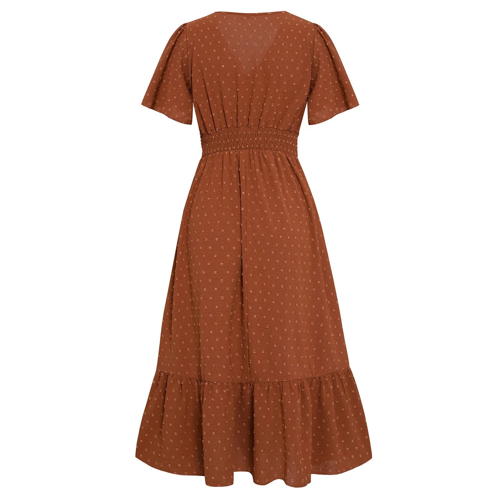 Women V-Neck Ruffle Hem Maxi Dress Solid Short Sleeve Flowy Long Dress Summer Elegant Beach Vacation Party Wedding Guest Outfit