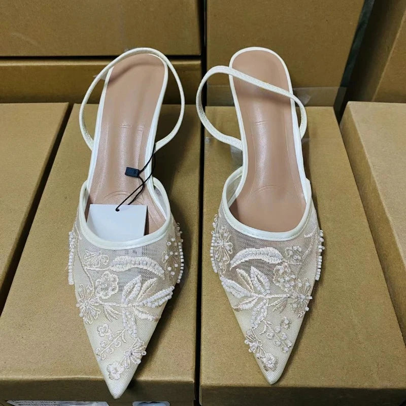 Ladies Flower Mesh Open Heel Sandals Shoes Sexy Designer High Heel Pointed Toe Stiletto Pumps Mules  women sandals