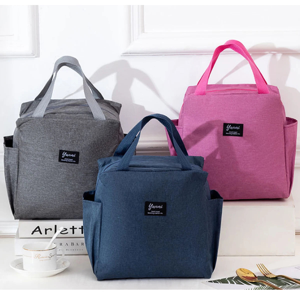 Bolsa de almuerzo portátil con doble bolsillo, lonchera térmica de lona, bolsa de almuerzo escolar, lonchera portátil, almacenamiento de alimentos para picnic