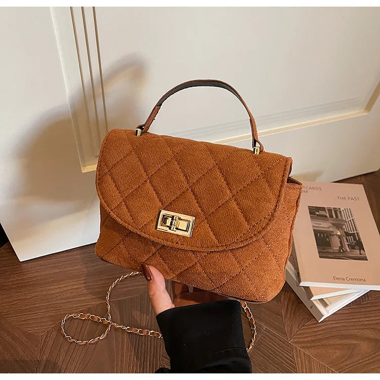 Diamond Grid Chain Crossbody Bag One Shoulder Purse Trendy Flip Top Clutch Women's Fashion Suede Leather Casual Shoulder Bag