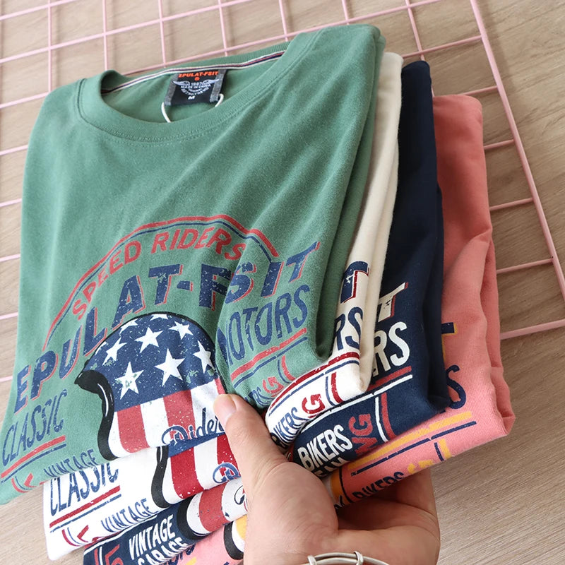 2025 Autumn New American Retro Long Sleeve O-Neck Letter Printed T-Shirt Men'S Fashion 100% Cotton Washed Casual Youth Tops