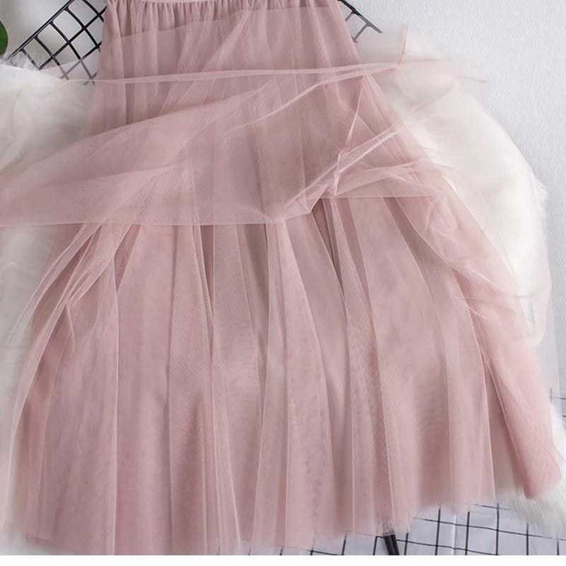 New large hem chiffon long skirt for women's Korean casual simple solid color three-layer A-line high waisted long skirt