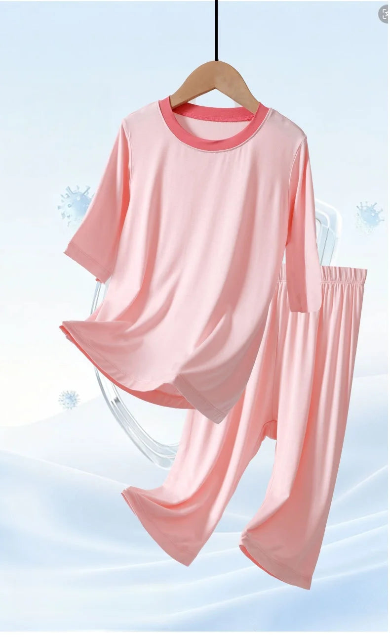 2026 Summer Thin Children Pajamas Contrast Color Soft Cooling Pajamas for Girls 10A Antibacterial Boys Sleepwear