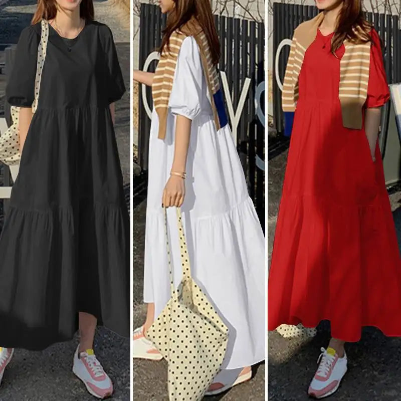 2026 Fashion Puff Short Sleeve Dress for Women Summer Solid Casual Sundress Comfort Cotton Maxi Dress Modest Robe Vestidos Femme