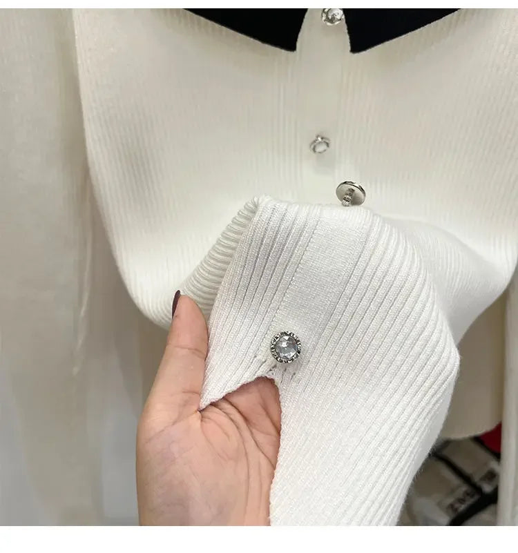 Women's Knitted Short Sweater Square Collar Base Shirt Color Collision Design Sensation Autumn Winter Special Edition Top