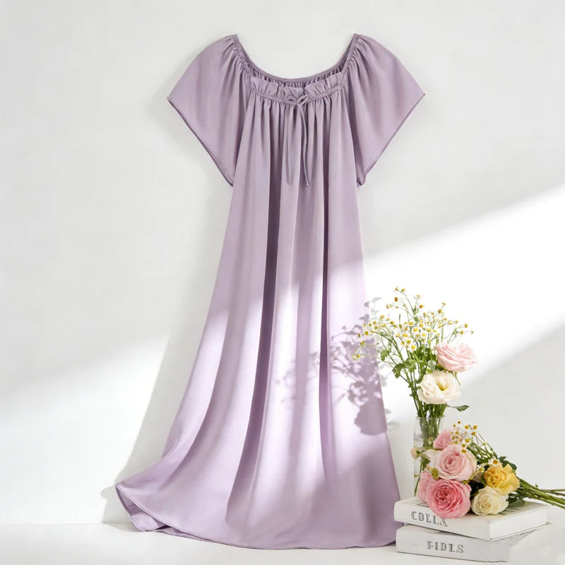 Women's Summer Casual Clothing 100% Natural Mulberry Silk Plain Satin Loose Short Sleeved Solid Color Princess Nightdress