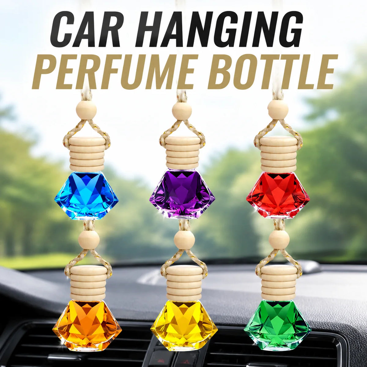 Car Hanging Perfume Bottle Glass Essential Oil Diffuser Refillable Air Freshener Wooden Cap Auto Decoration