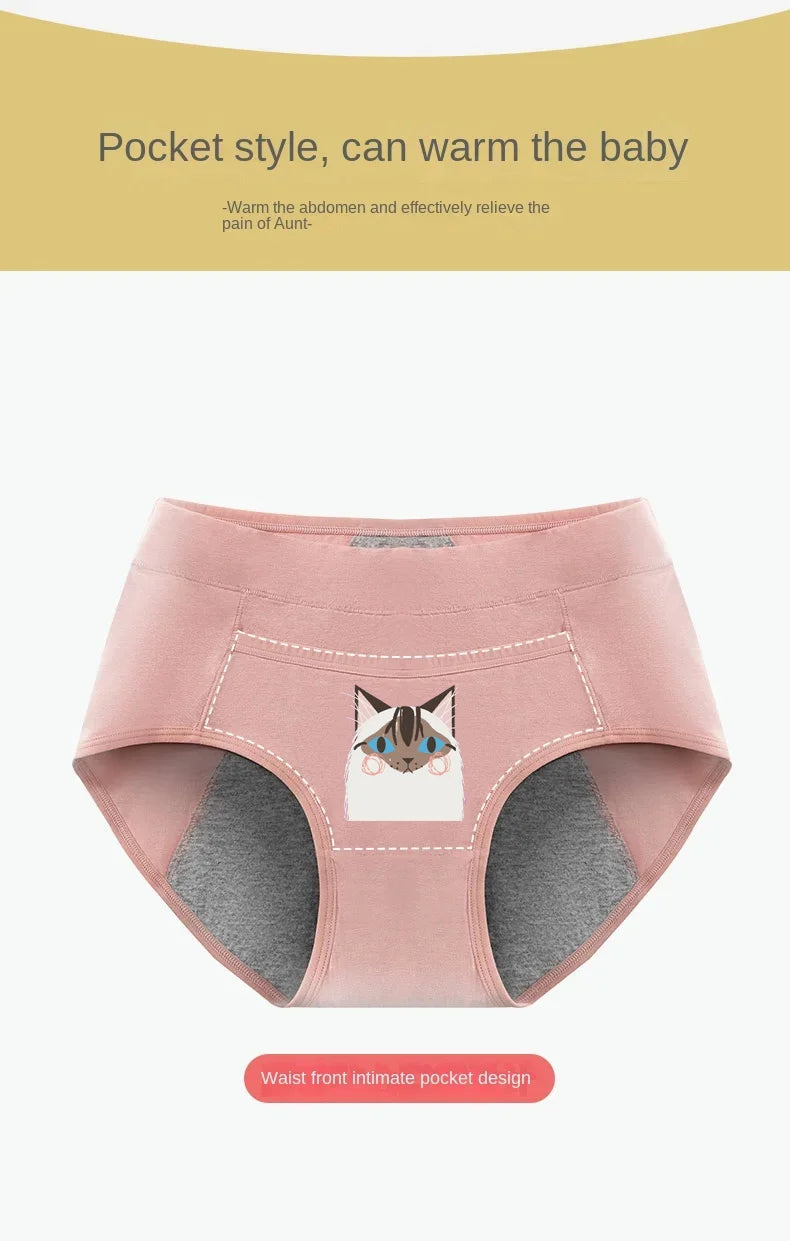 Cotton Menstrual Panties Leak Proof Breathable Cartoon cat Panties Woman Women Girls Physiological Pants Women's Intimates M-XL