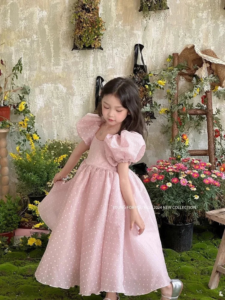 In-stock summer dress with puff sleeves for girls, princess dress for older girls, pearl gauze dress
