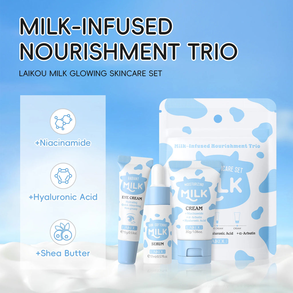 LAIKOU Milk Glowing Trio Skincare Set - Hydrating Serum & Cream Kit