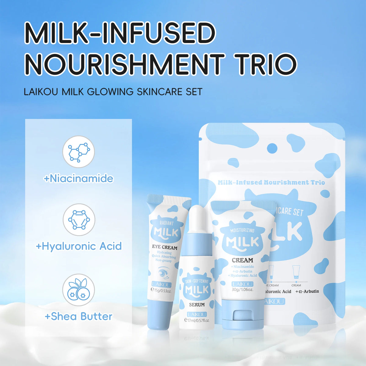 LAIKOU Milk Glowing Trio Skincare Set - Hydrating Serum & Cream Kit