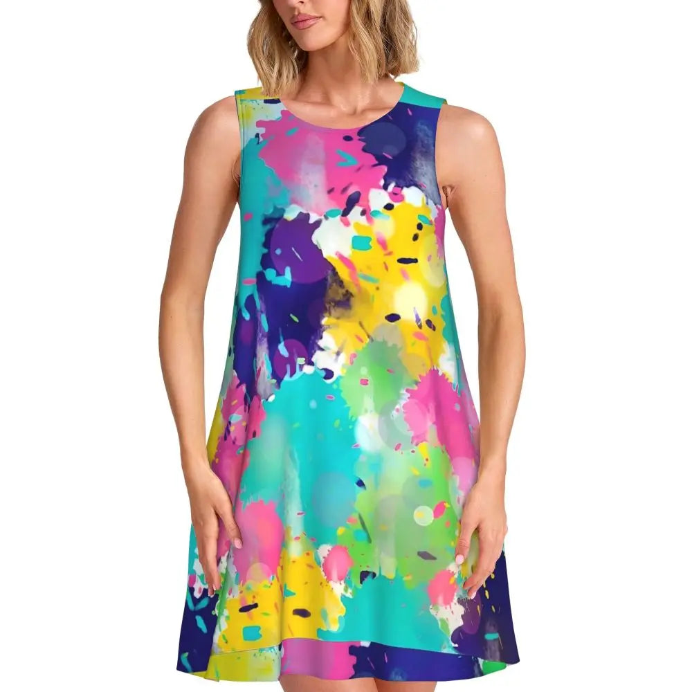 80s Color Block Print Dress Modern Dresses Female Sleeveless Street Fashion Tank Dress Day Print Oversized Vestidos