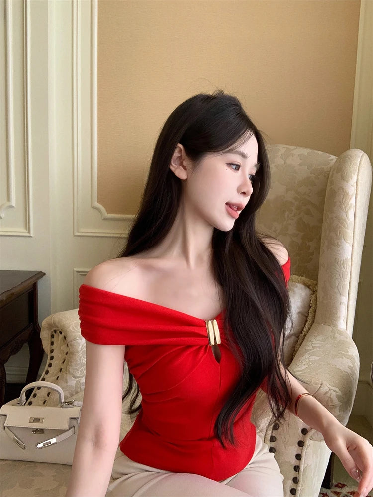 Summer slim sexy spicy girl slash neck ruffled short-sleeved T-shirt for women