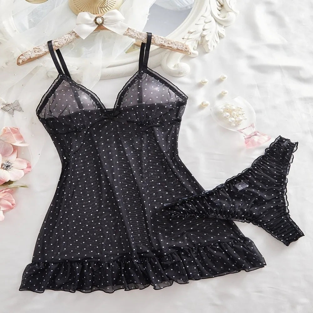 Home Wear Polka Dot Sweet Nightdress Transparent Mesh Sheer Nightwear Skirt Ruffle Hem V Neck Sleeveless Nightgown Women
