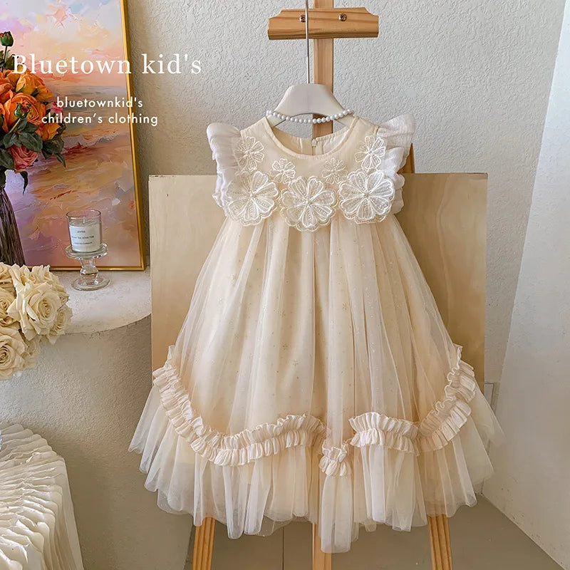 New Summer Kids Girls Lace Tulle Dress Fly Sleeve Ruffle Mesh Princess Gown Wedding Flower Girl Birthday Costume YF900