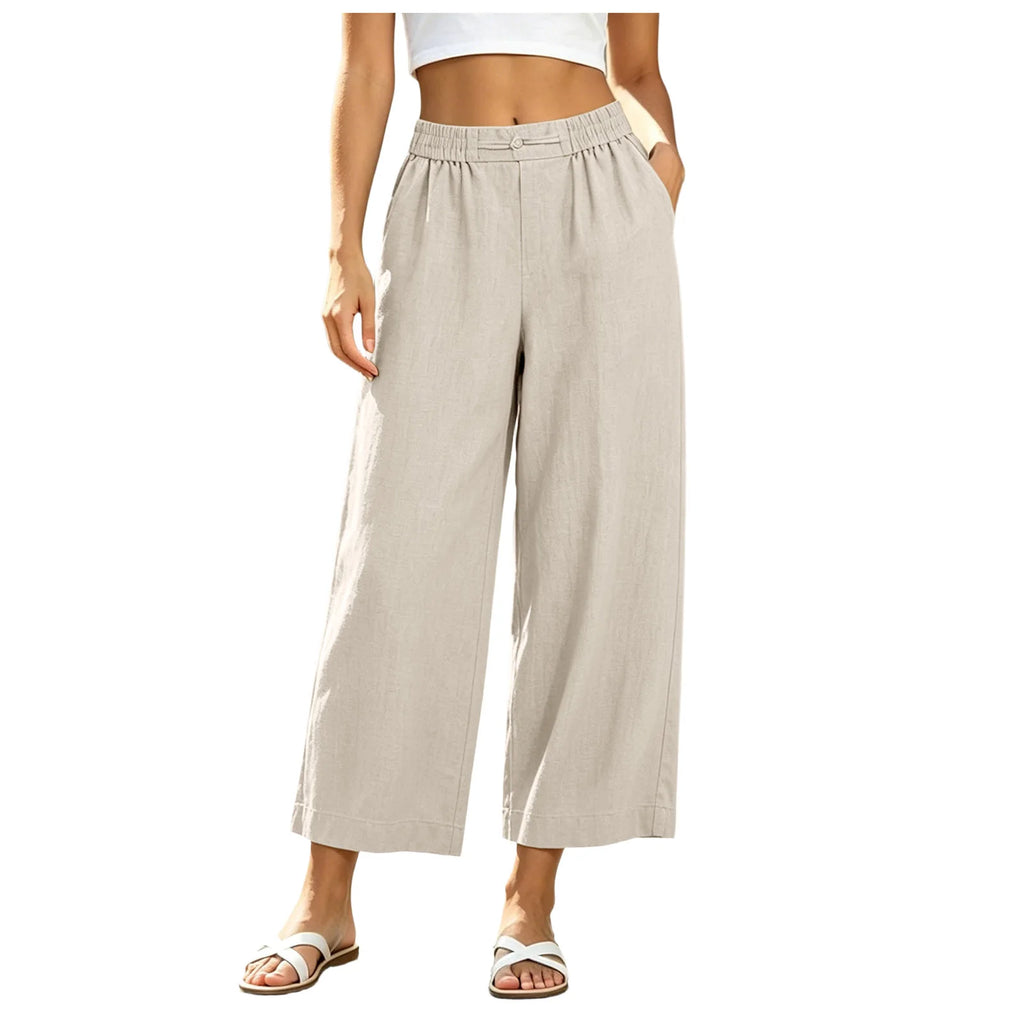 Women's Cotton Linen Blend Wide Leg Palazzo Pants with Pockets