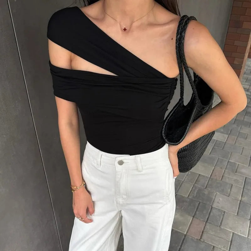 Trendix Black Bodycon Crop Tops For Women's 2026 Summer Off Shoulder Tank Top Street Slim Party Sexy Asymmetric Vacation Top