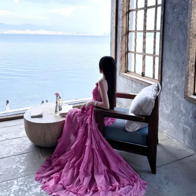 Beach Vacation Pure Desire Style Women's Long Fairy Skirt Off-Shoulder Gown V-Neck Sleeveless High Waist Midi Dress